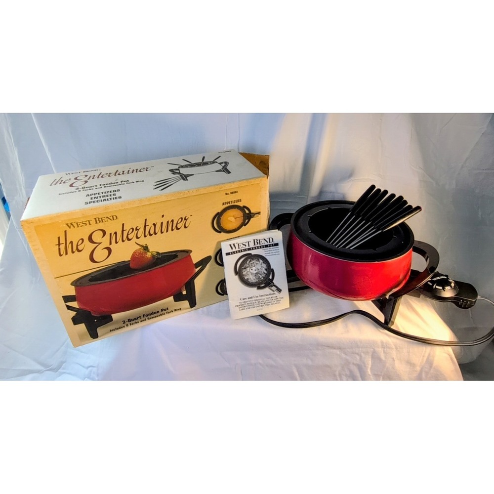 Vintage West Bend "The Entertainer" Electric Fondue Pot 3 Qt Red w/ Box Forks Co